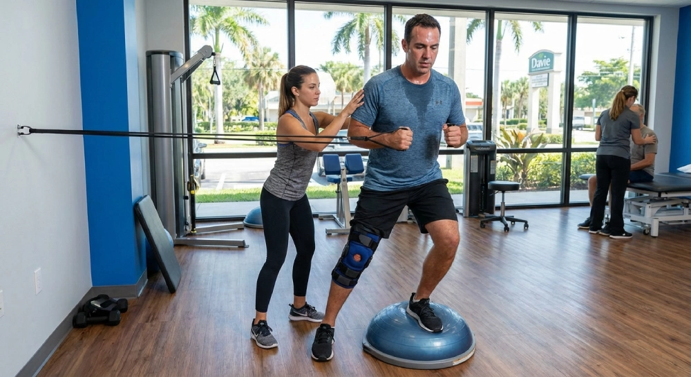 Physical therapy for ACL recovery in Davie, showing a patient working with a therapist to regain knee strength and mobility
