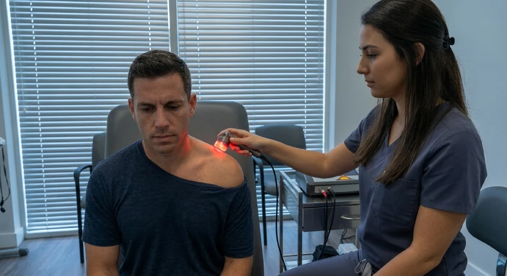 Class IV laser therapy session for shoulder strain recovery in Aventura