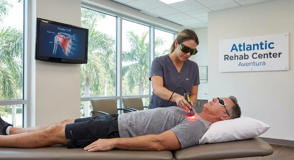 Class IV laser therapy for rotator cuff recovery in Aventura, showing shoulder treatment and rehabilitation process.